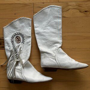 Vintage Genuine White Leather Cowboy Boots Tassel Wedding Western Princess